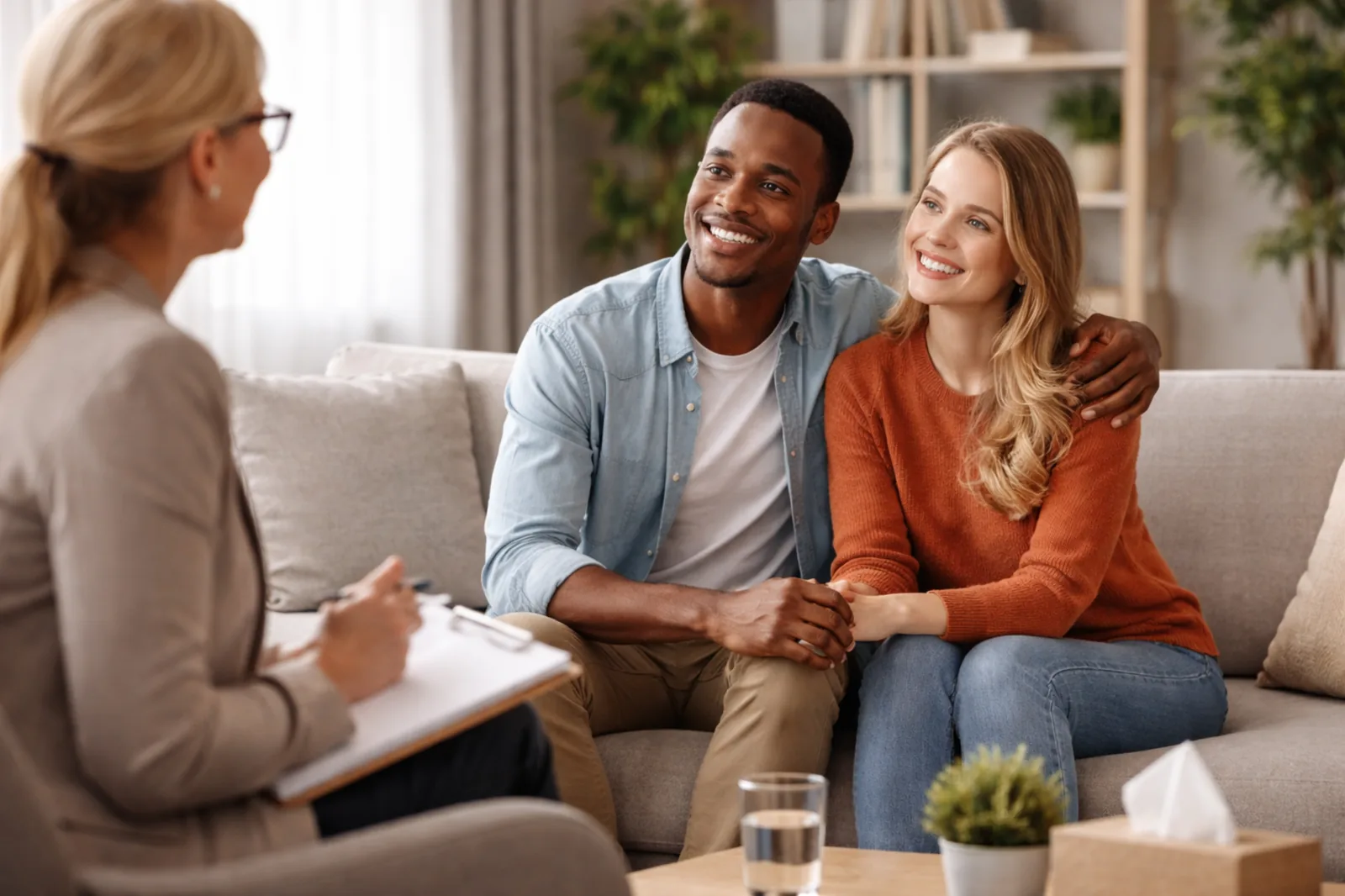 Couple meeting with a coach in a supportive setting